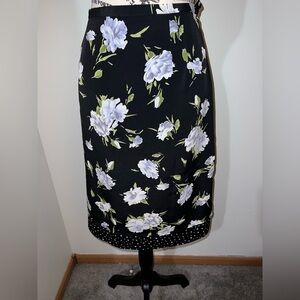 VTG Norton McNaughton Size 16 Black Floral Midi Skirt Polka Dot Hem